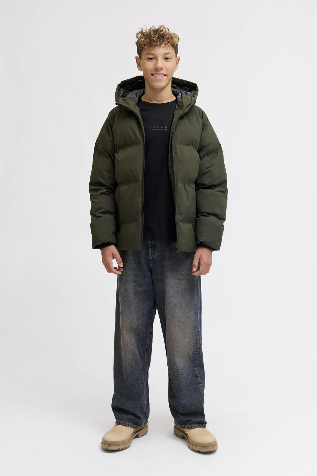 Donkergroene jongens JACK & JONES JUNIOR gewatteerde jas van polyester met effen, lange mouwen, capuchon, ritssluiting en gebreide details
