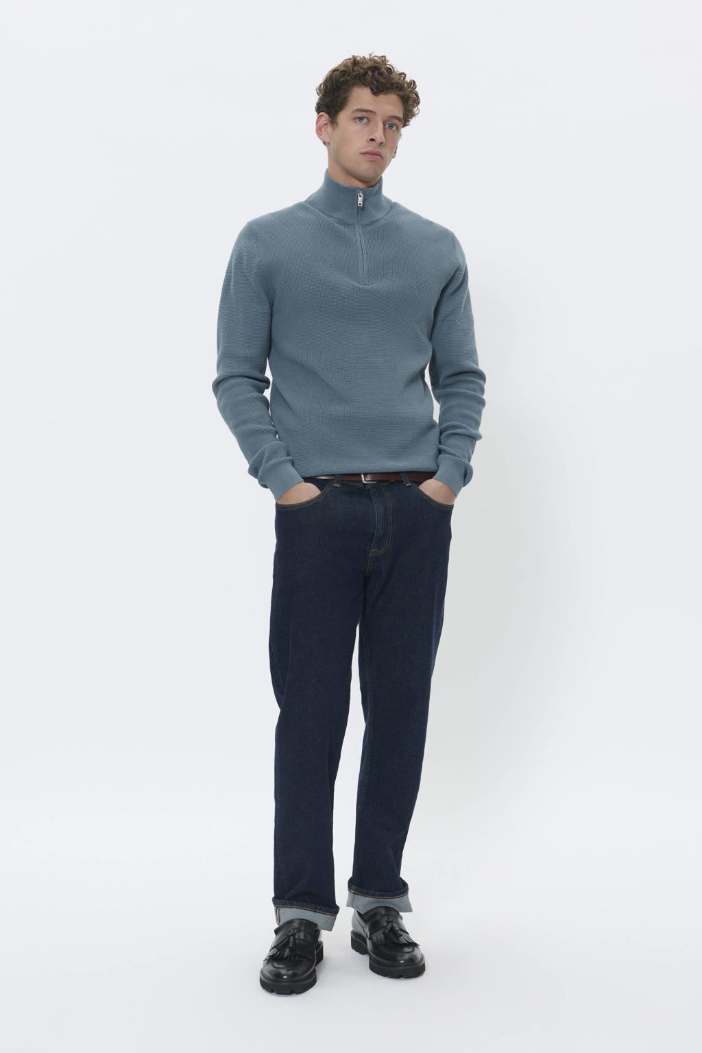 Grijsblauwe heren Matinique pullover blauw van katoen met effen, lange mouwen, opstaande kraag, halve rits en geribde boorden