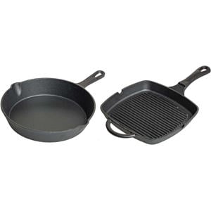 Pannenset Gietijzer 2-Delig Koekenpan ø 25 cm & Grillpan 23 x 23 cm - geschikt voor alle warmtebronnen - zonder anti-aanbaklaag