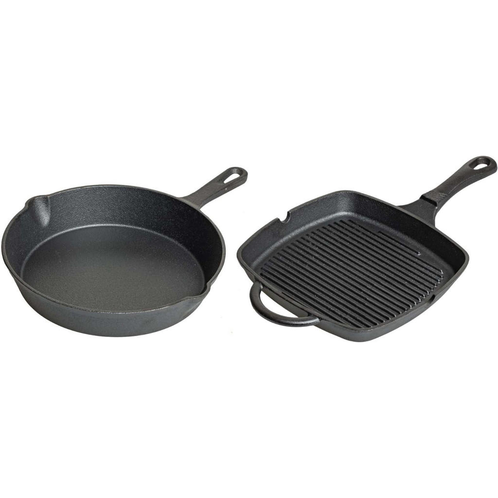 Blackwell Pannenset Gietijzer 2-Delig Koekenpan ø 25 cm & Grillpan 23 x 23 cm - geschikt voor alle warmtebronnen - zonder anti-aanbaklaag