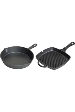 Pannenset Gietijzer 2-Delig Koekenpan ø 25 cm & Grillpan 23 x 23 cm - geschikt voor alle warmtebronnen - zonder anti-aanbaklaag