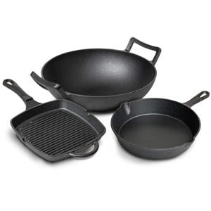 Pannenset Gietijzer 3-Delig Grillpan 23 x 23 cm, Koekenpan ø 25 cm & Wok ø 32 cm - geschikt voor alle warmtebronnen - zonder anti-aanbaklaag