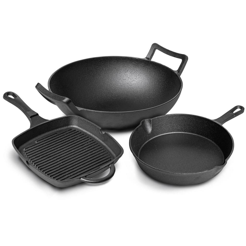 Blackwell Pannenset Gietijzer 3-Delig Grillpan 23 x 23 cm, Koekenpan ø 25 cm & Wok ø 32 cm - geschikt voor alle warmtebronnen - zonder anti-aanbaklaag