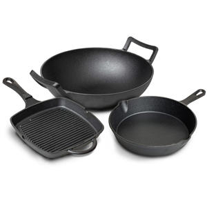  Pannenset Gietijzer 3-Delig Grillpan 23 x 23 cm, Koekenpan ø 25 cm & Wok ø 32 cm - geschikt voor alle warmtebronnen - zonder anti-aanbaklaag