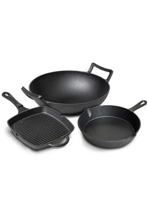 Pannenset Gietijzer 3-Delig Grillpan 23 x 23 cm, Koekenpan ø 25 cm & Wok ø 32 cm - geschikt voor alle warmtebronnen - zonder anti-aanbaklaag