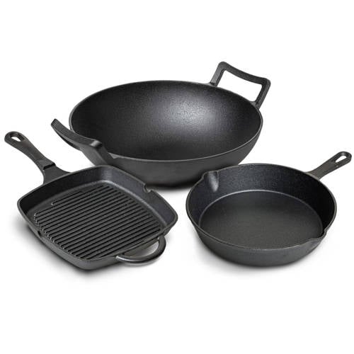 Blackwell Pannenset Gietijzer - Grillpan 23 x 23 cm, Koekenpan ø 25 cm & Wok ø 32 cm - 3 Delig afbeelding