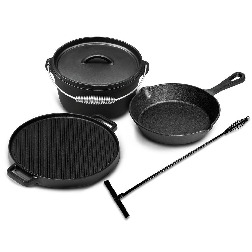 Blackwell Dutch Oven BBQ Gietijzer Set 4-Delig - Braadpan + Lifter, Koekenpan ø 20 cm & Grillplaat ø 30 cm - geschikt voor alle warmtebronnen - zonder anti-aanbaklaag