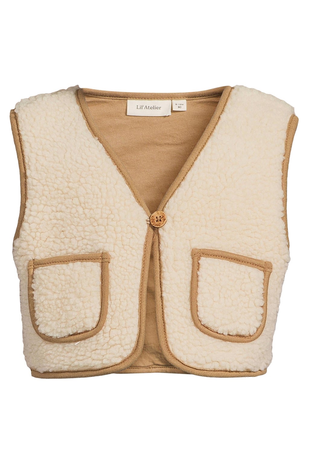 Ecru en lichtbruine jongens LIL' ATELIER BABY teddy gilet met effen, V-hals en knoopsluiting