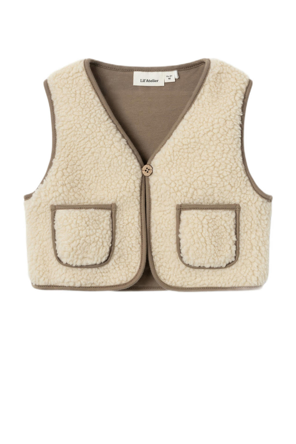 Beige jongens LIL' ATELIER MINI teddy gilet van katoen met effen, V-hals en knoopsluiting