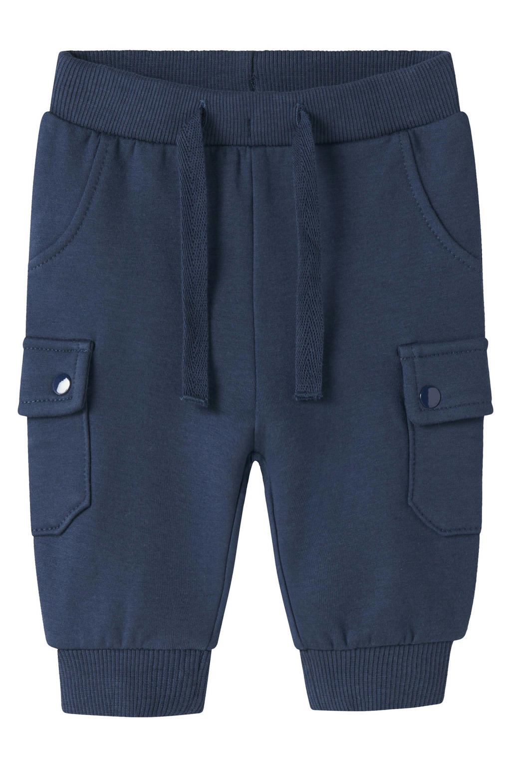 Donkerblauwe jongens NAME IT BABY regular cargo broek van sweat materiaal met elastische tailleband met koord en effen