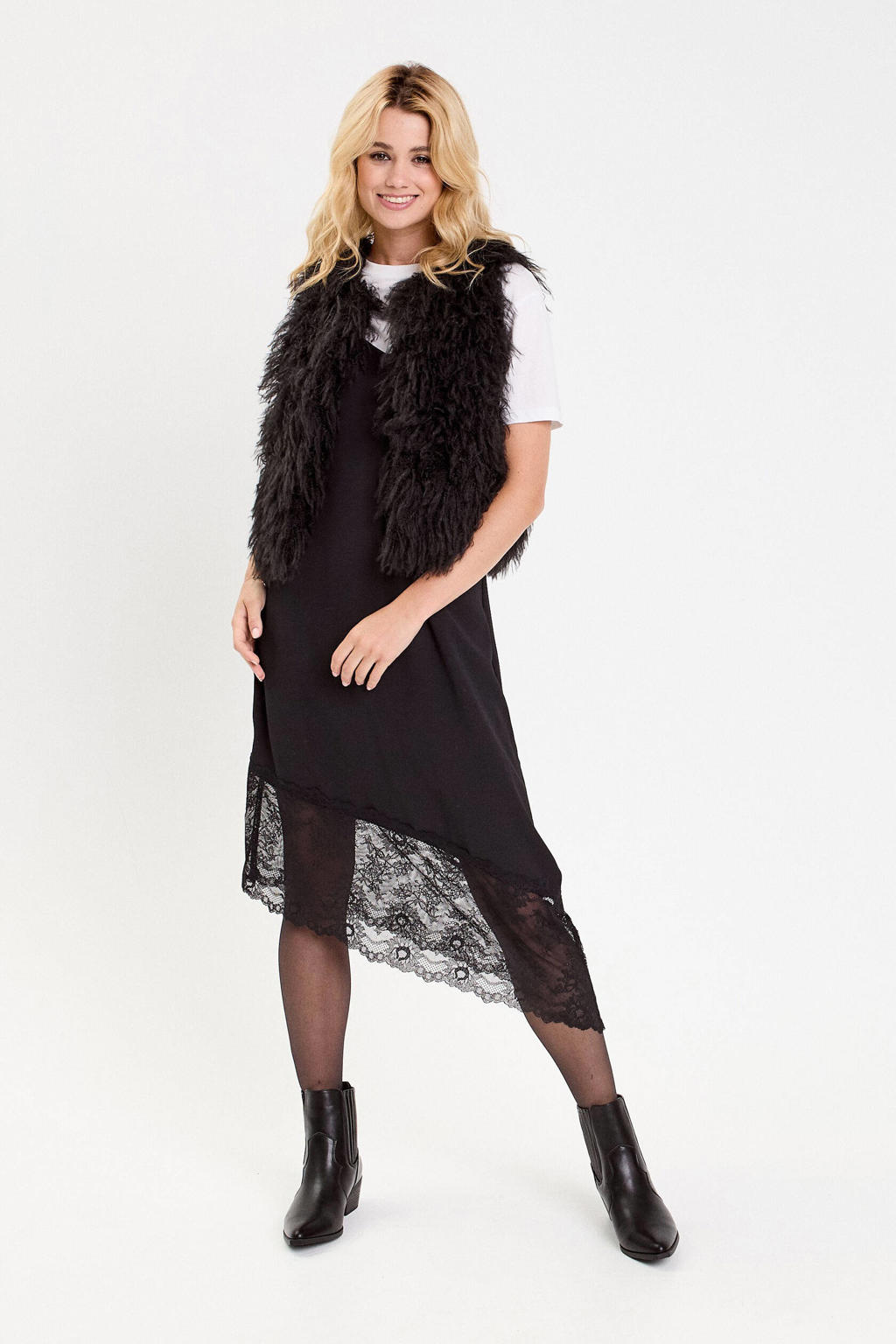 Zwarte dames Cache Cache gilet van imitatiebont met effen en ronde hals