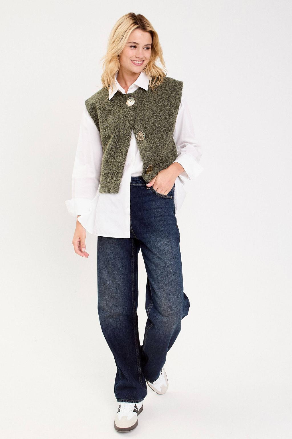Kakikleurige dames Cache Cache gebreid vest met effen, ronde hals en knoopsluiting