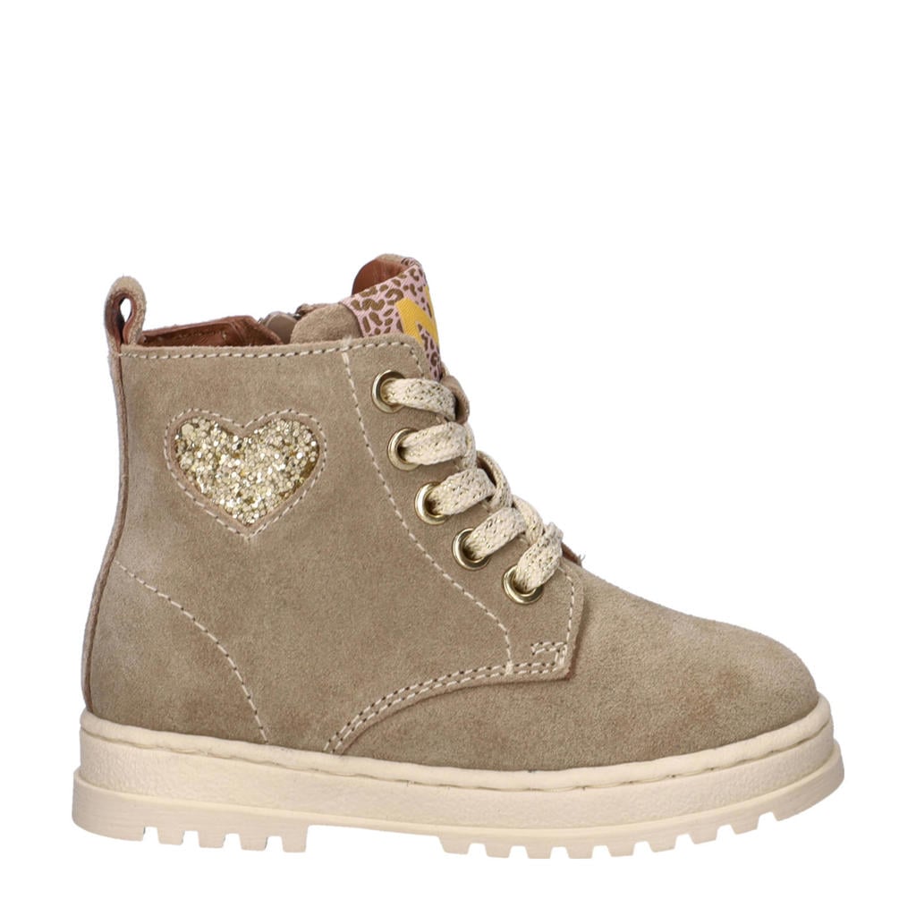 Taupe meisjes Nelson Kids suède veterboots met rits- en vetersluiting