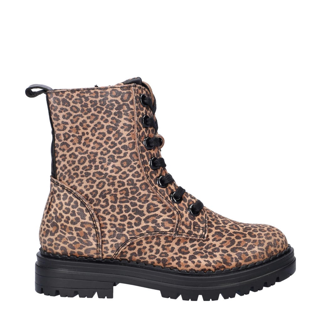Beige en zwarte meisjes Nelson Kids suède veterboots met rits- en vetersluiting en panterprint