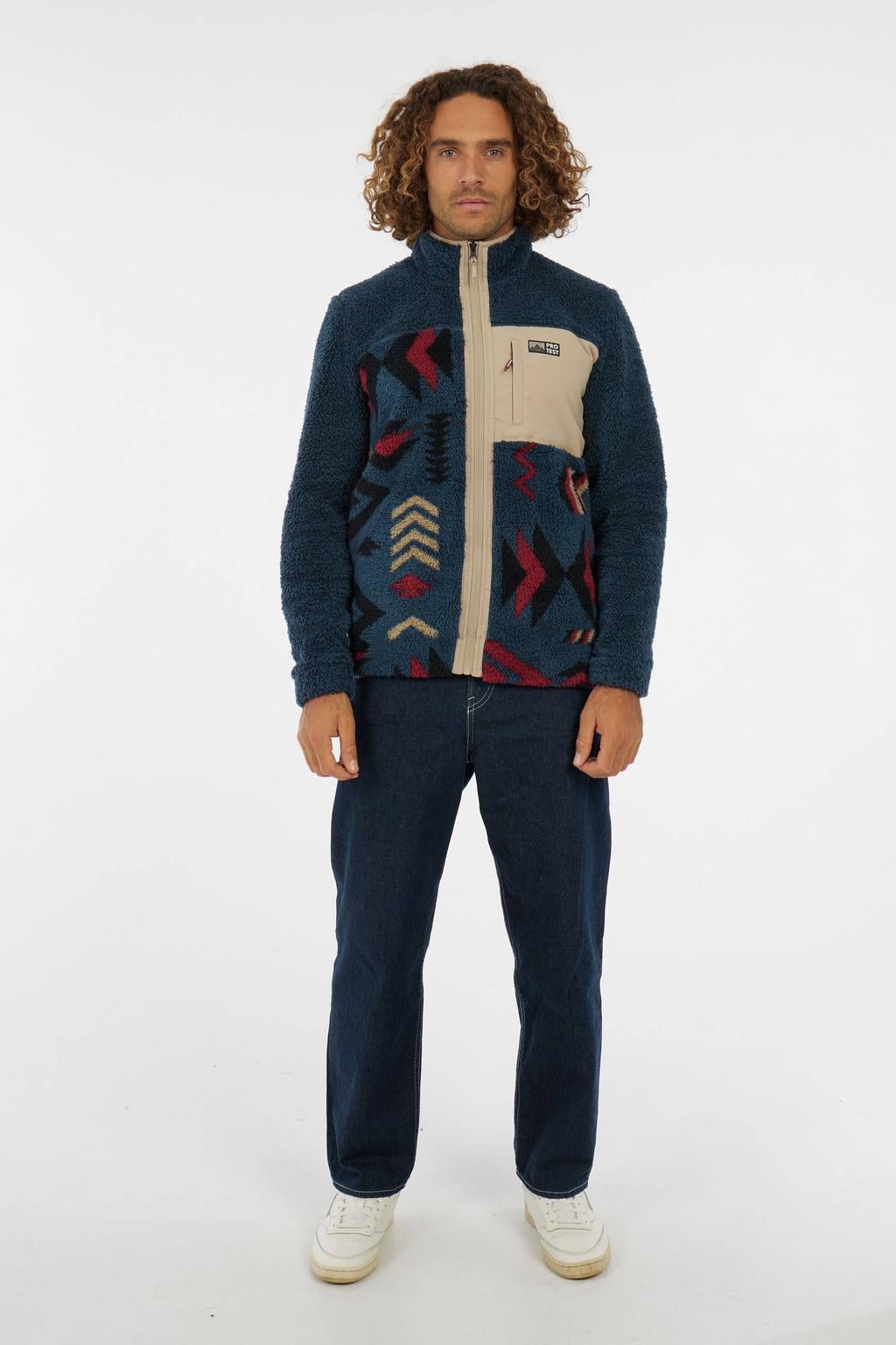 Donkerblauw en beige heren Protest teddy fleece vest met lange mouwen, opstaande kraag en ritssluiting