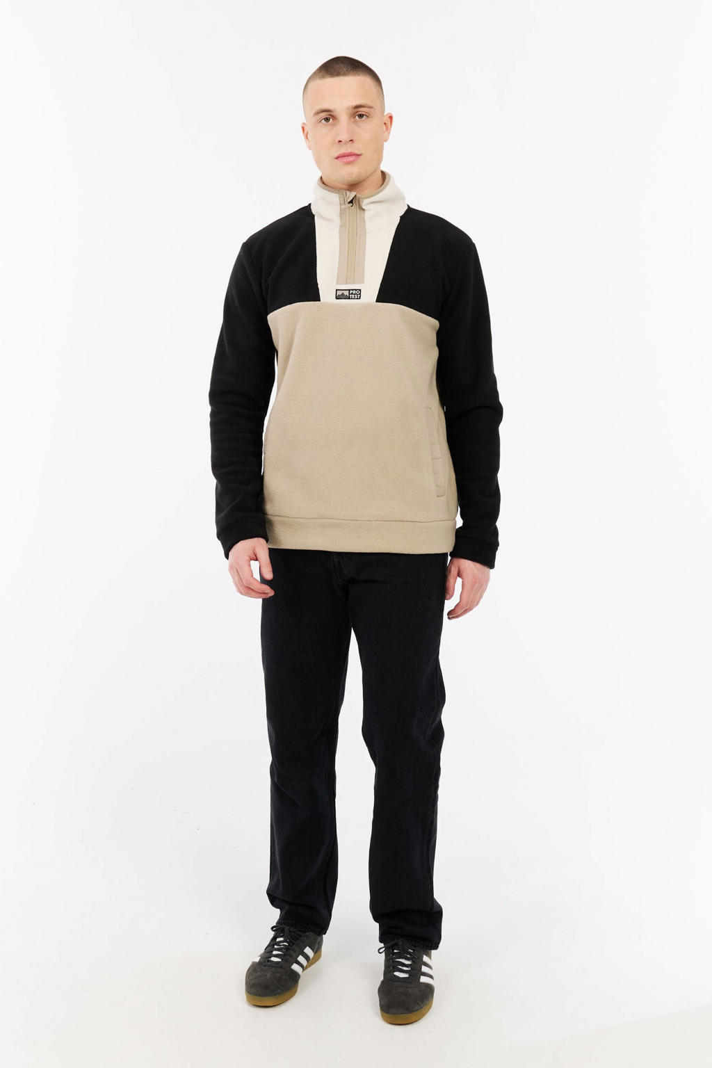 Zwart en beige heren Protest Ski Pully PRTLowton van fleece met meerkleurige print, lange mouwen, opstaande kraag en halve rits