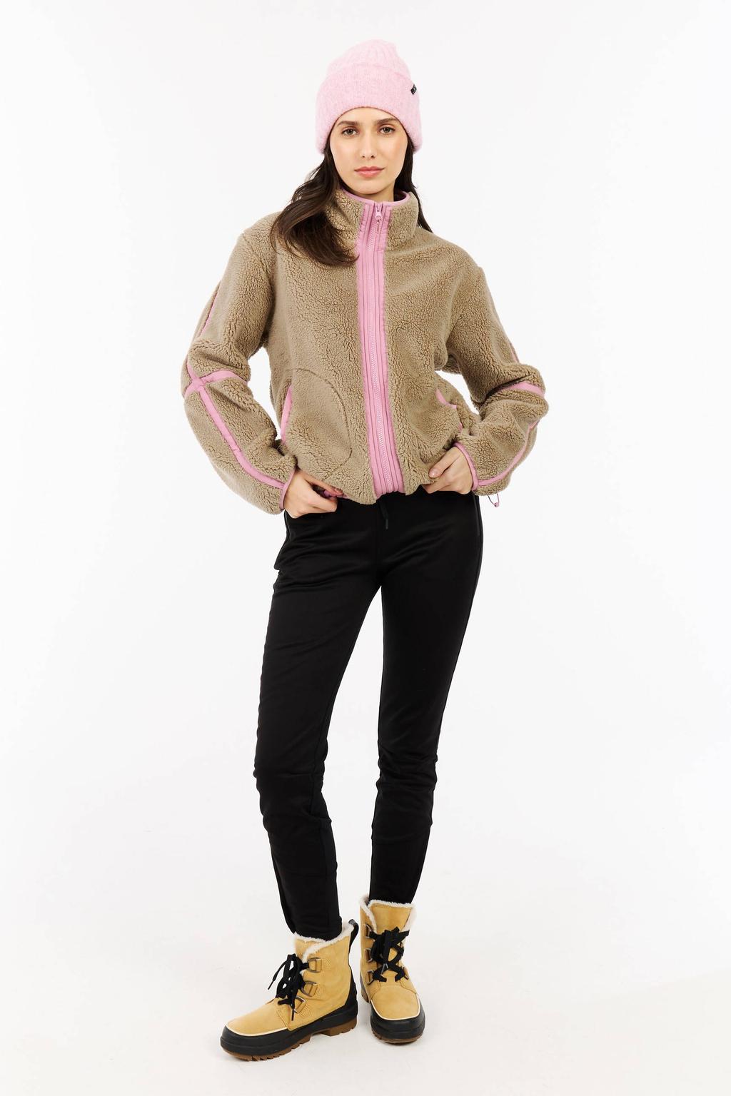 Beige en lichtroze dames Protest teddy fleece vest PRTRed met effen, lange mouwen, opstaande kraag en ritssluiting