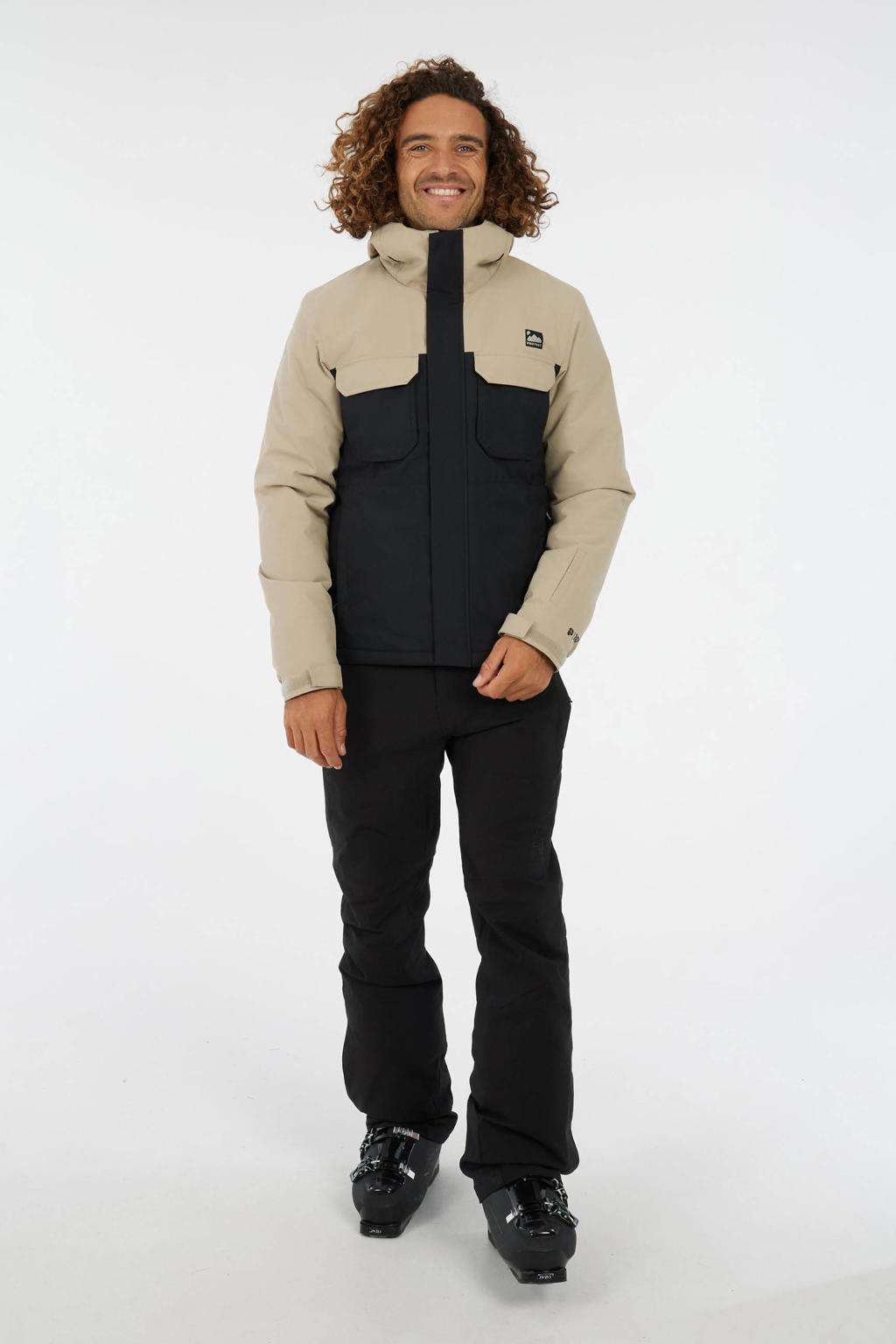 Beige en zwarte heren Protest ski-jas PRTKajo van polyester met meerkleurige print, capuchon en ritssluiting