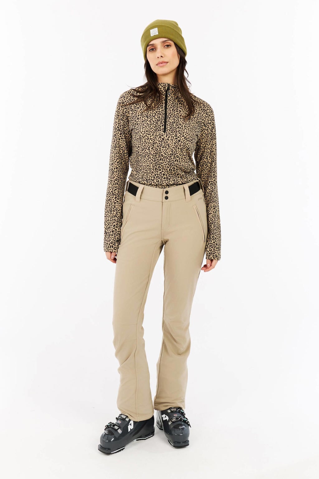 Zwart en beige dames Protest skipully PRTEsher van polyester met panterprint, lange mouwen en halve rits