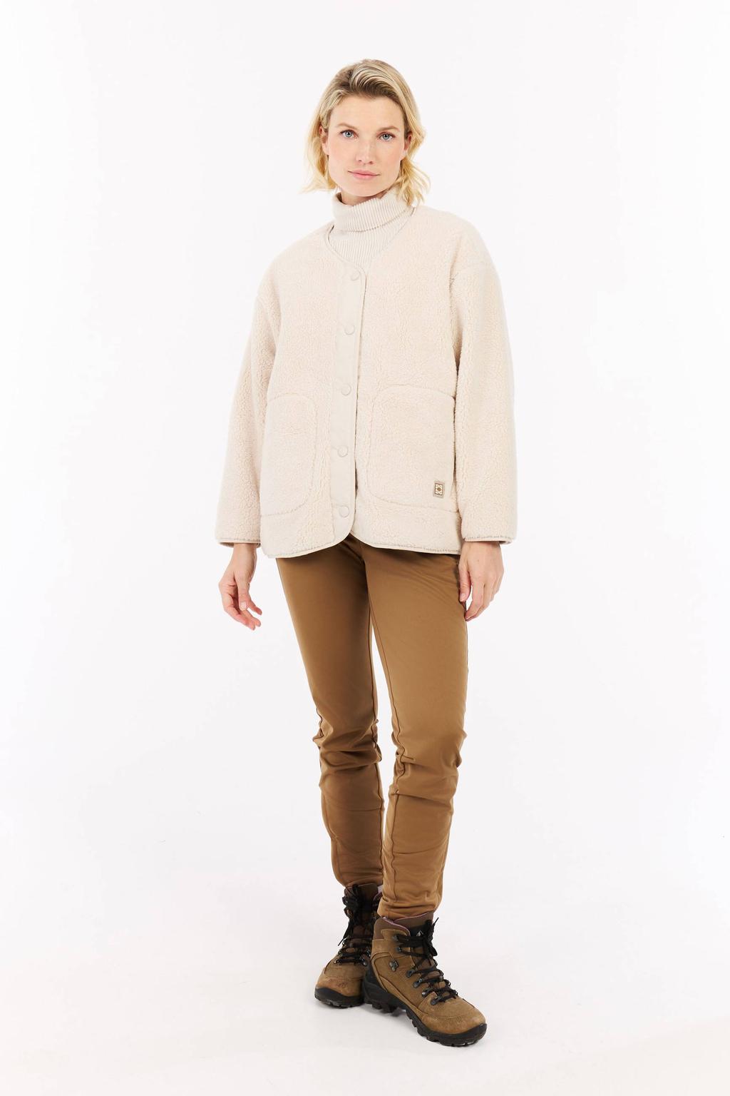 Ecru dames Protest teddy fleece vest PRTEdith met effen, lange mouwen, ronde hals en drukknoopsluiting