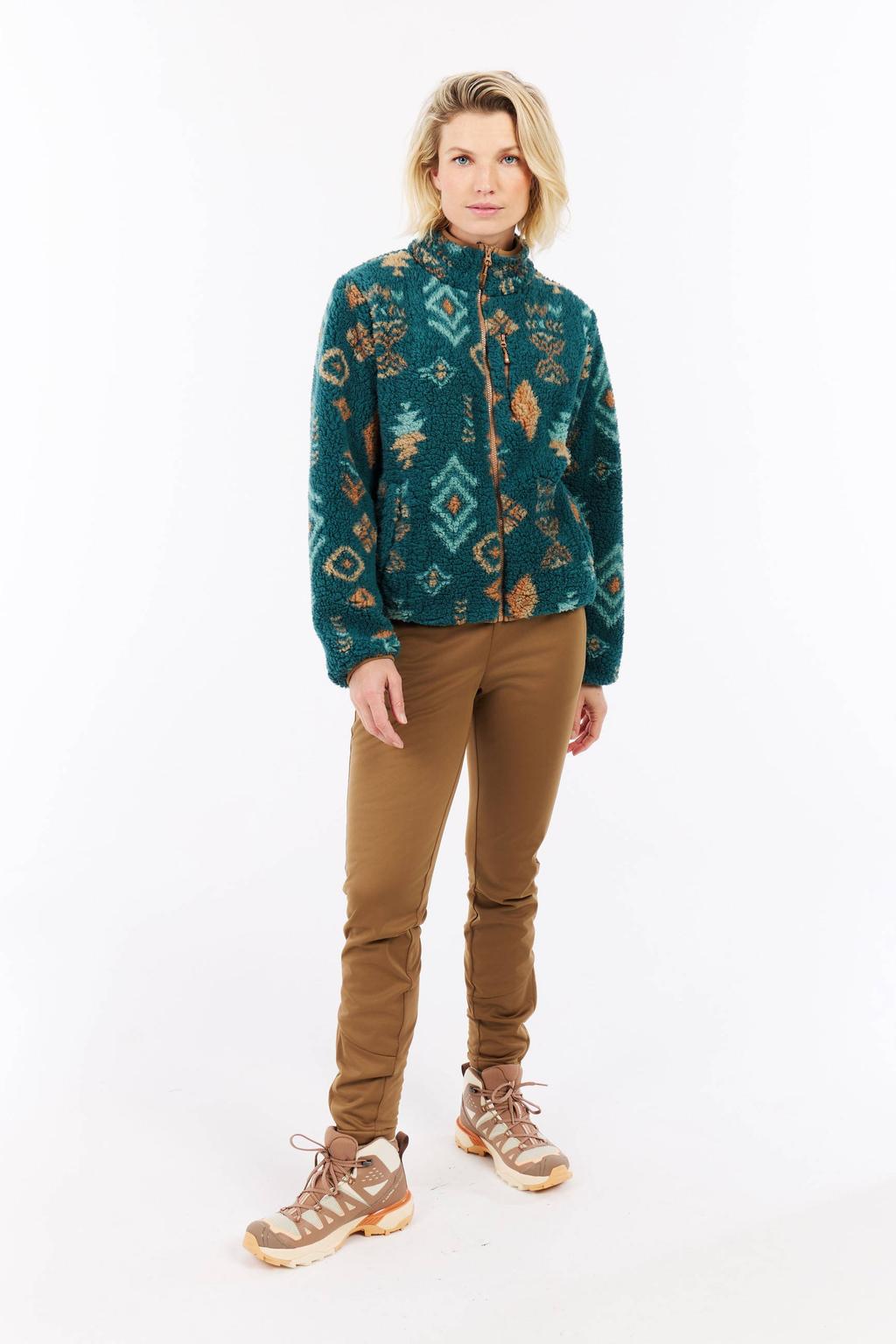 Blauw, camel en lichtblauwe dames Protest teddy fleece vest PRTAdel PRTAdel met grafische print, lange mouwen, opstaande kraag en ritssluiting