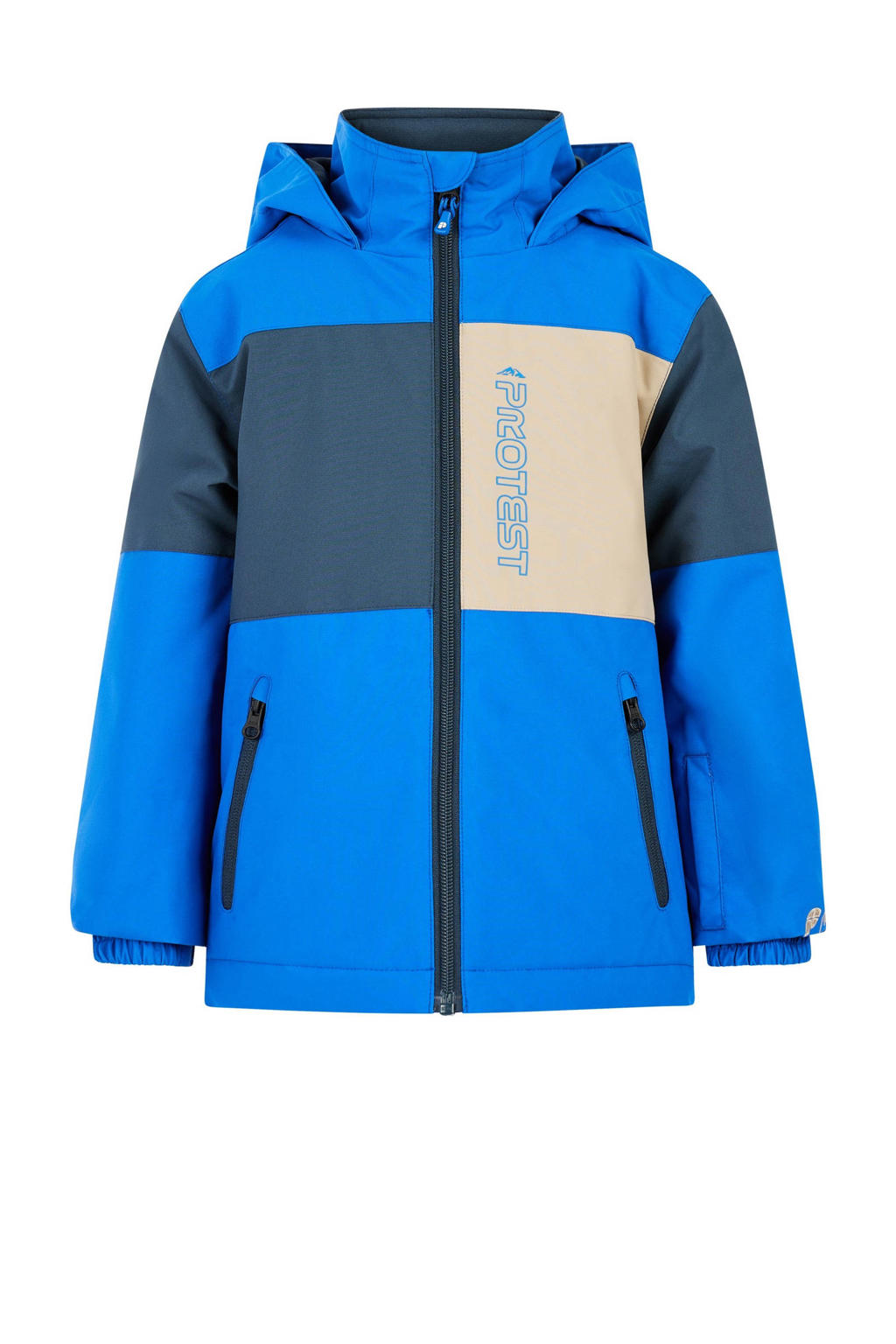 Blauw, kobaltblauw en ecru jongens Protest ski-jas PRTConner TD van polyester met meerkleurige print, capuchon en rits wind- en waterdicht