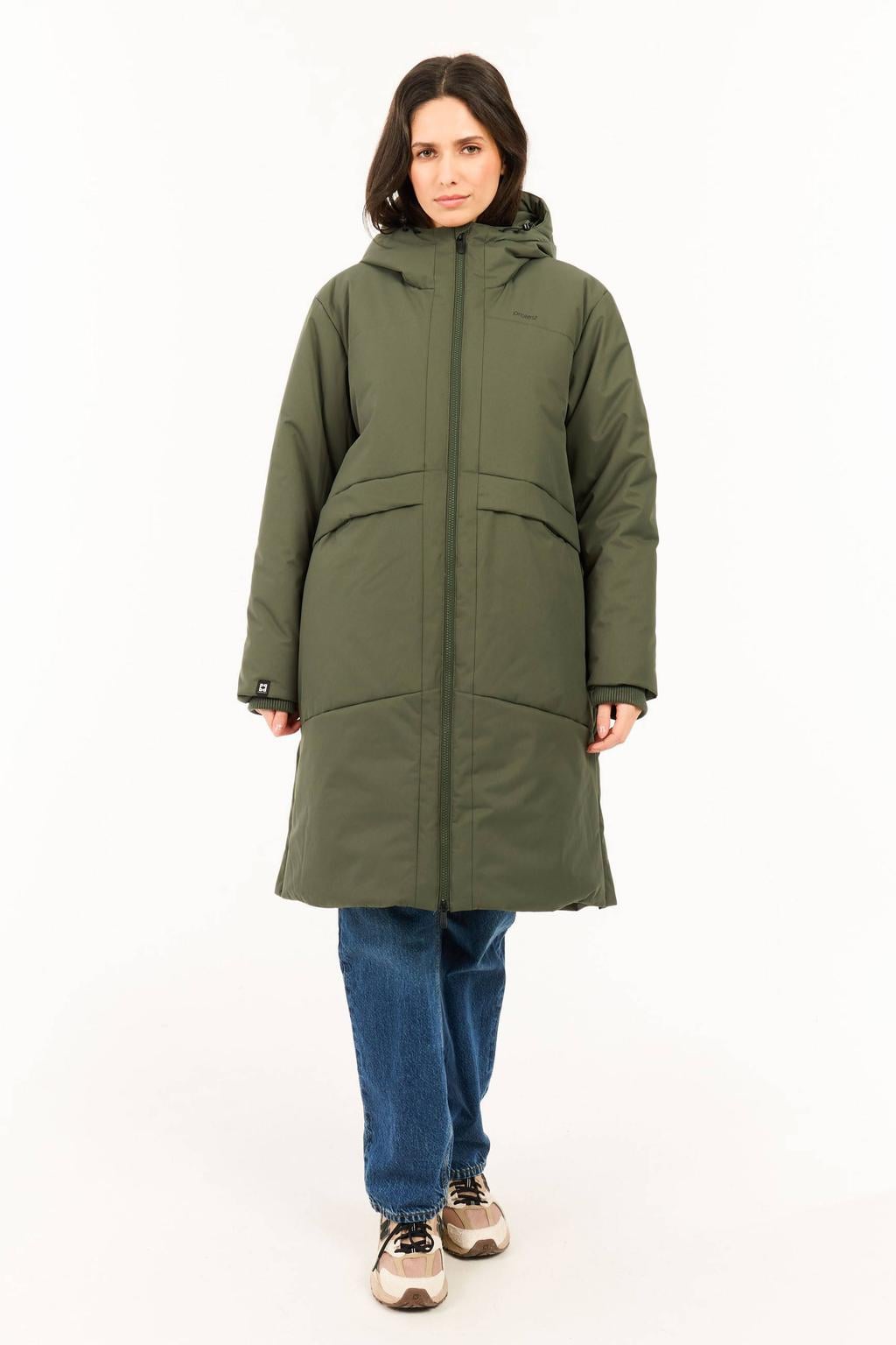 Olijfgroene dames Protest jas PRTPipit van polyester met effen, lange mouwen, capuchon en ritssluiting