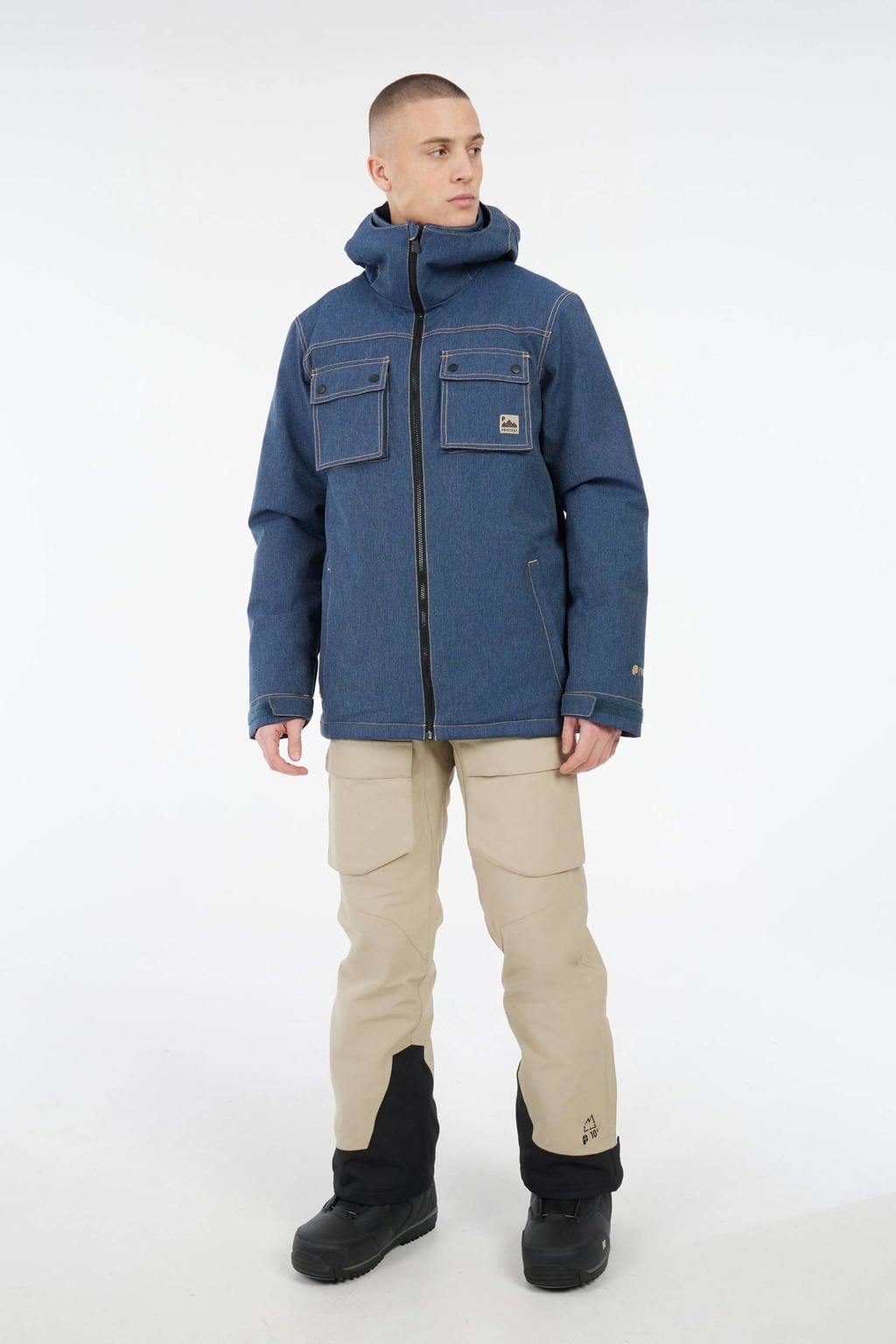 Blauwe heren Protest ski-jas PRTRail van polyester met effen, capuchon en rits waterdicht