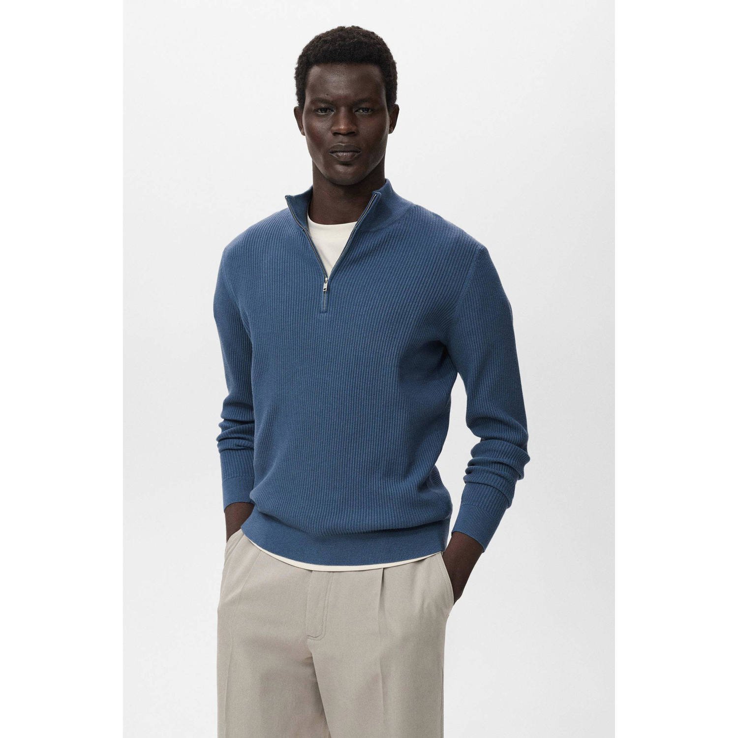 Mango Man trui met ingebreid patroon donkerblauw