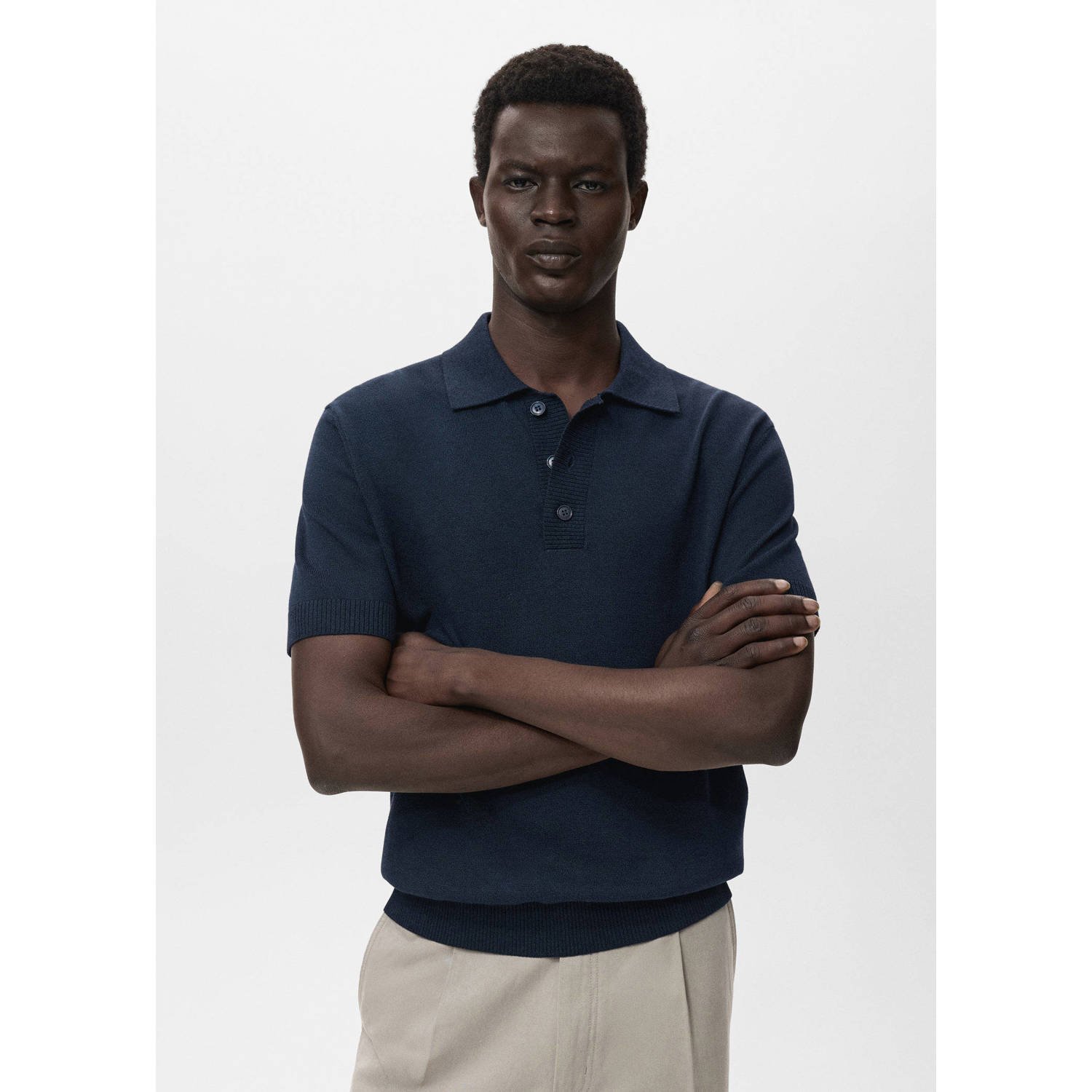 Mango Man rechtvallend polo gebreid donkerblauw