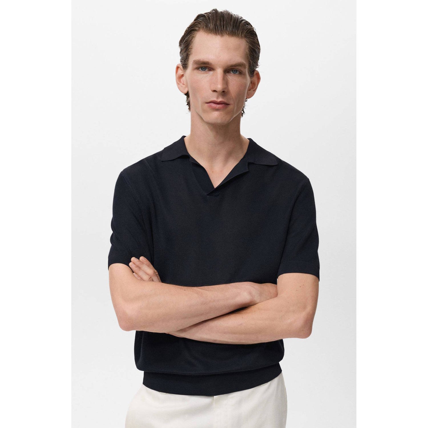 Mango Man rechtvallend polo fijn gebreid donkerblauw