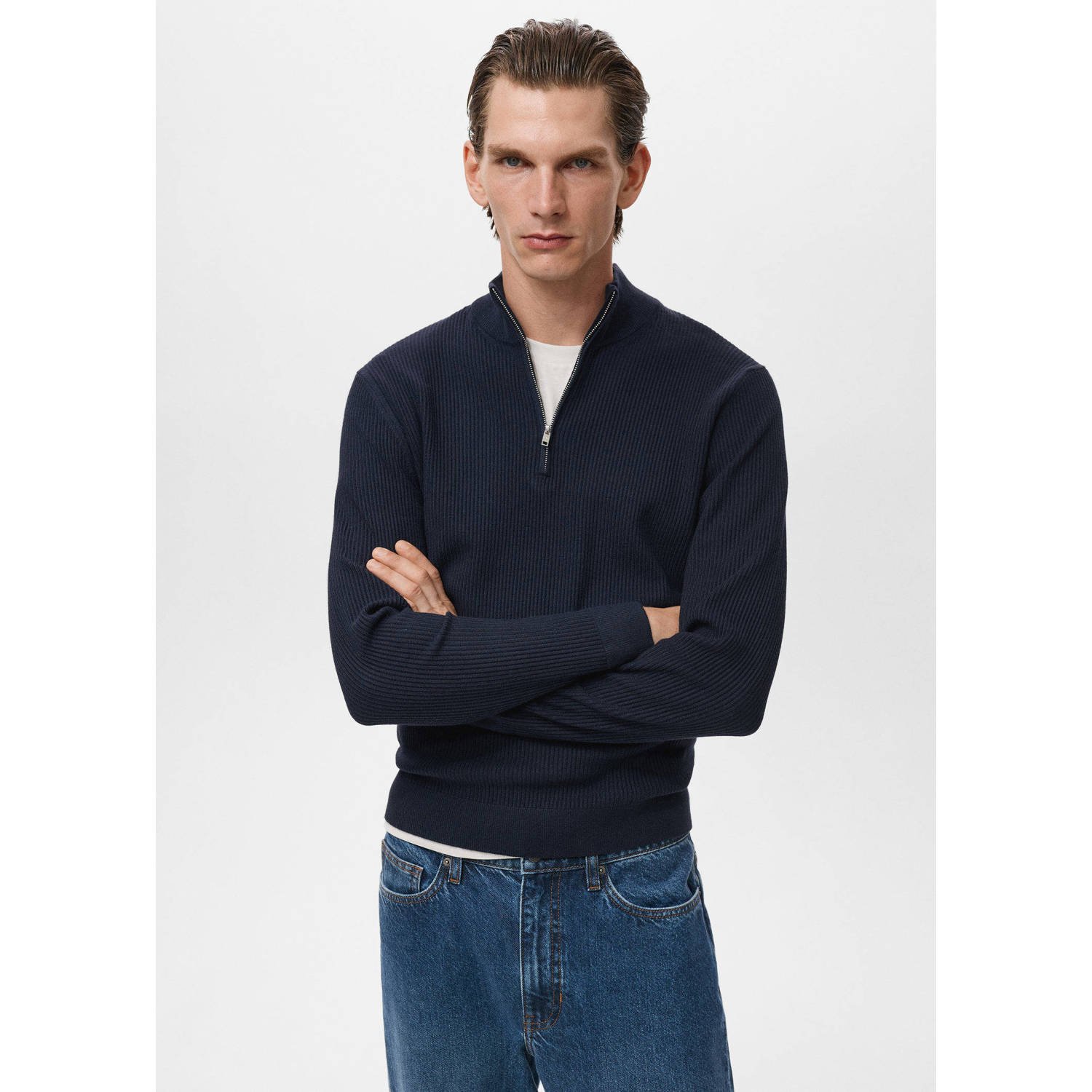 Mango Man trui met ingebreid patroon donkerblauw