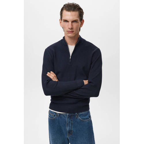 Mango Man trui met ingebreid patroon donkerblauw afbeelding