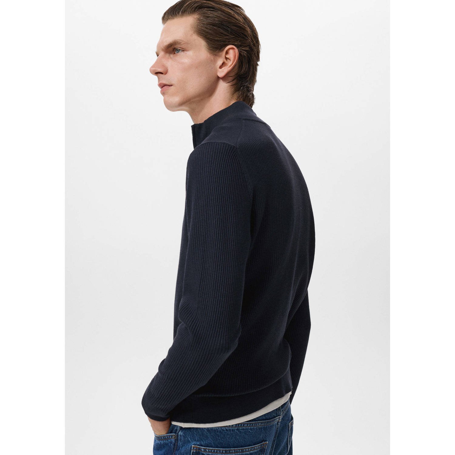 Mango Man trui met ingebreid patroon donkerblauw