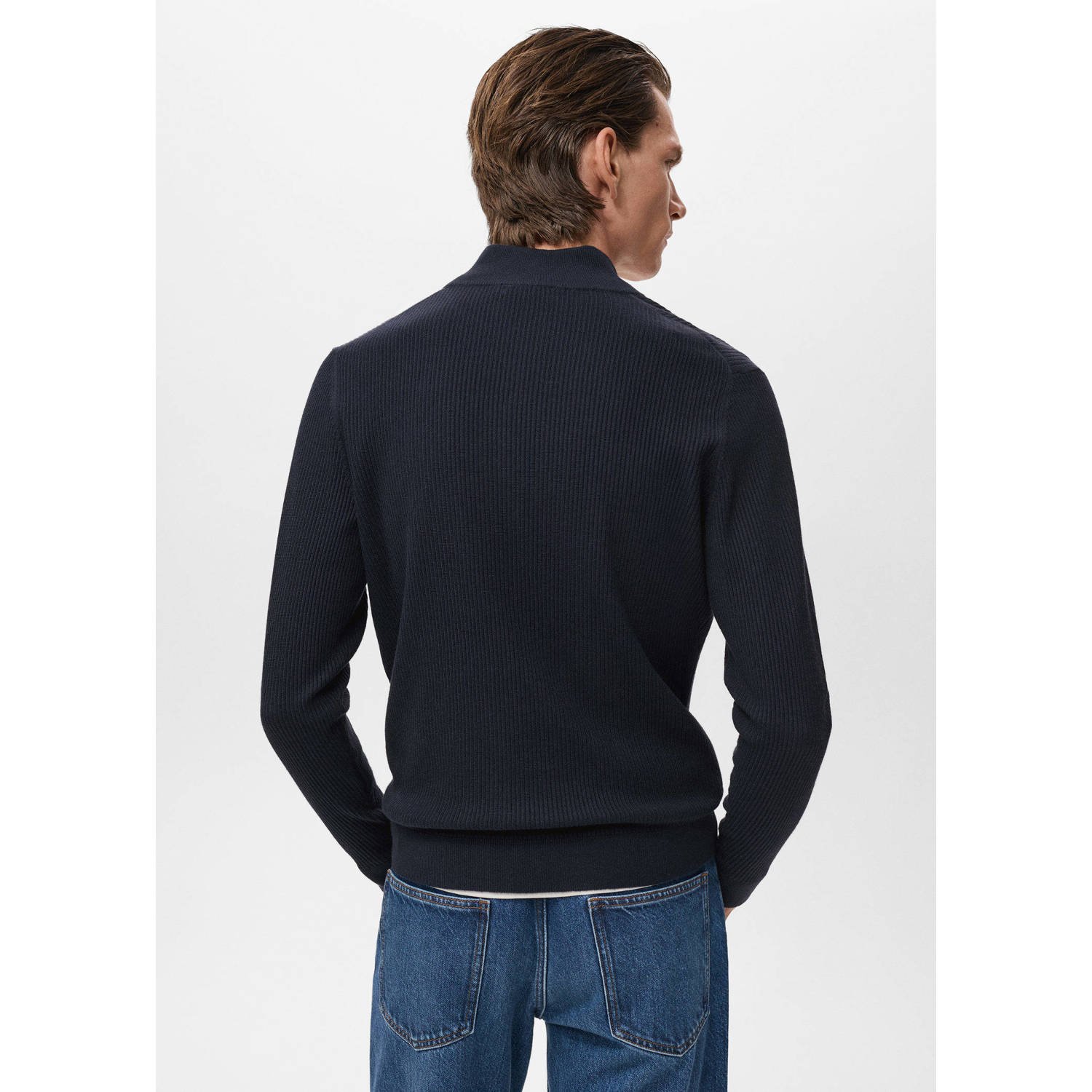 Mango Man trui met ingebreid patroon donkerblauw
