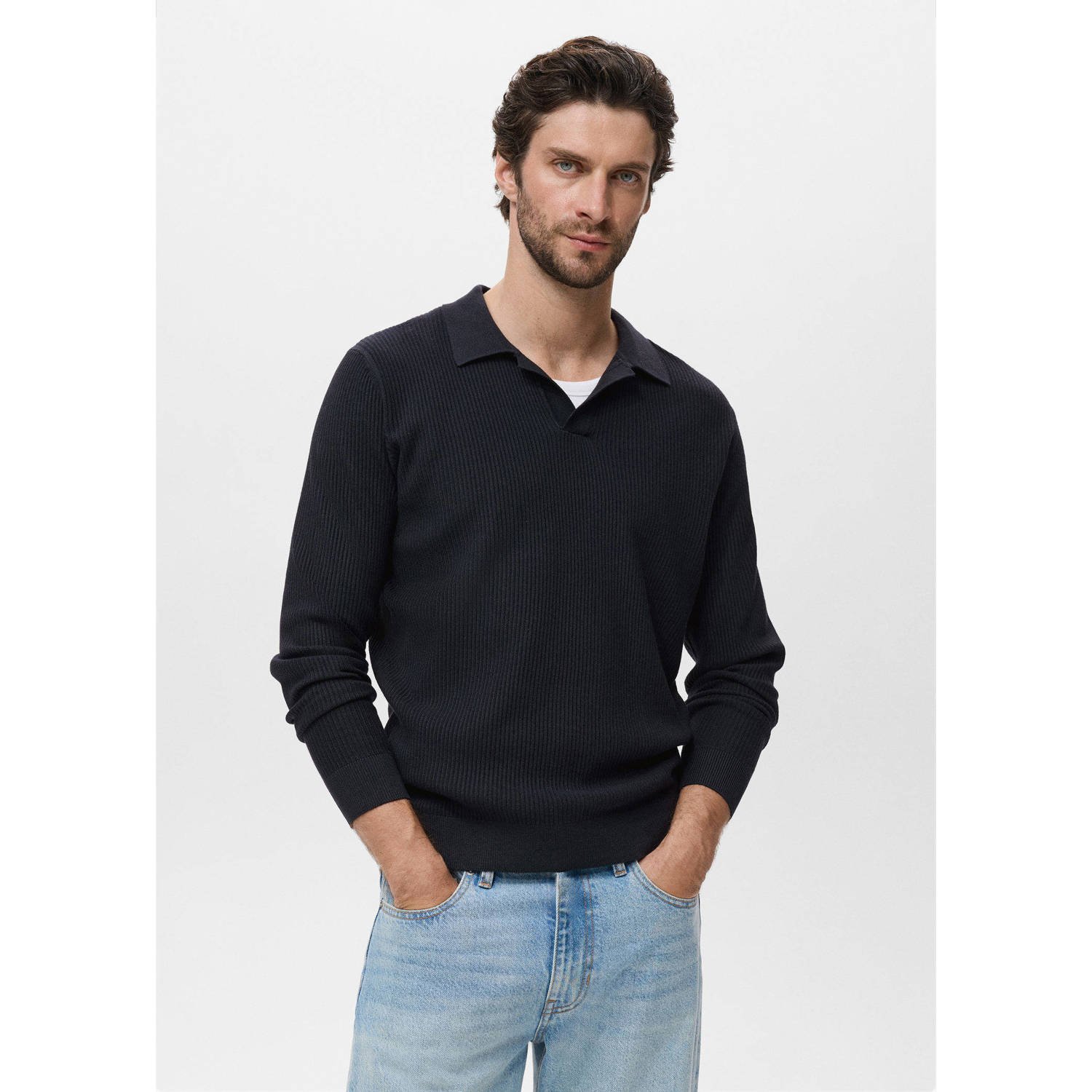 Mango Man trui met ingebreid patroon donkerblauw