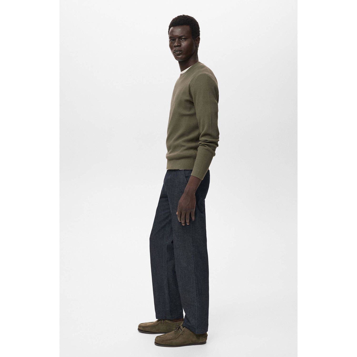 Mango Man pullover trui rib gebreid donkergroen