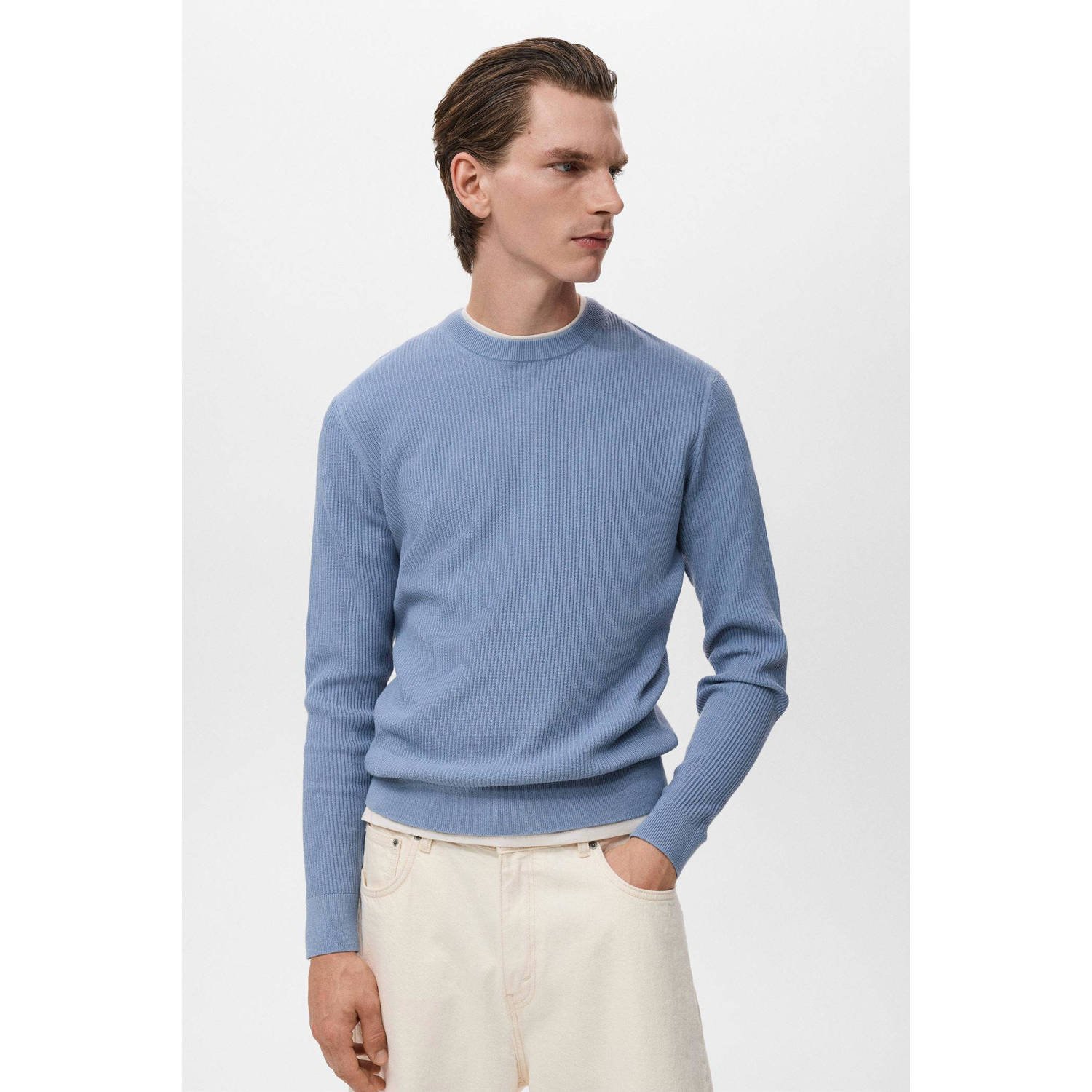 Mango Man pullover trui rib gebreid lichtblauw