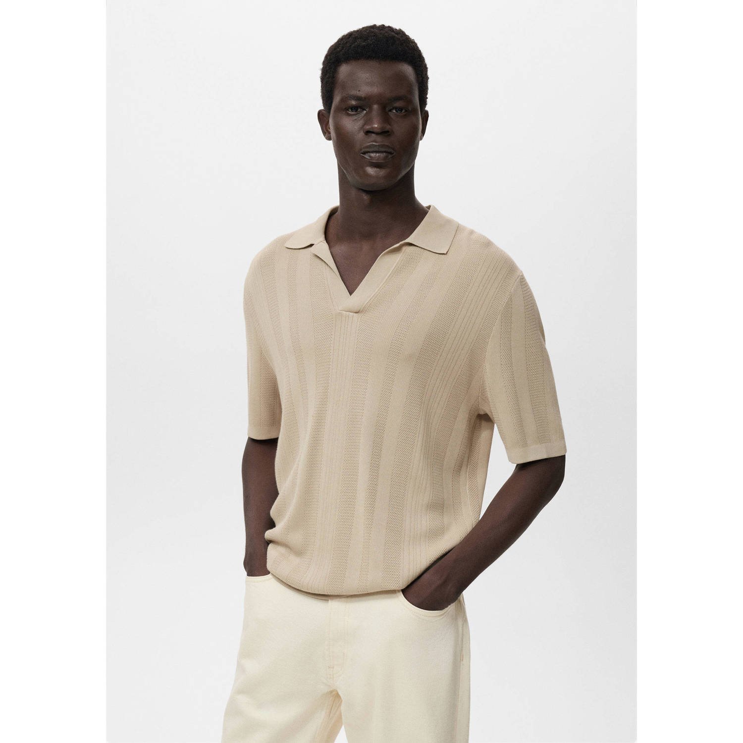 Mango Man regular polo met ingebreid patroon beige