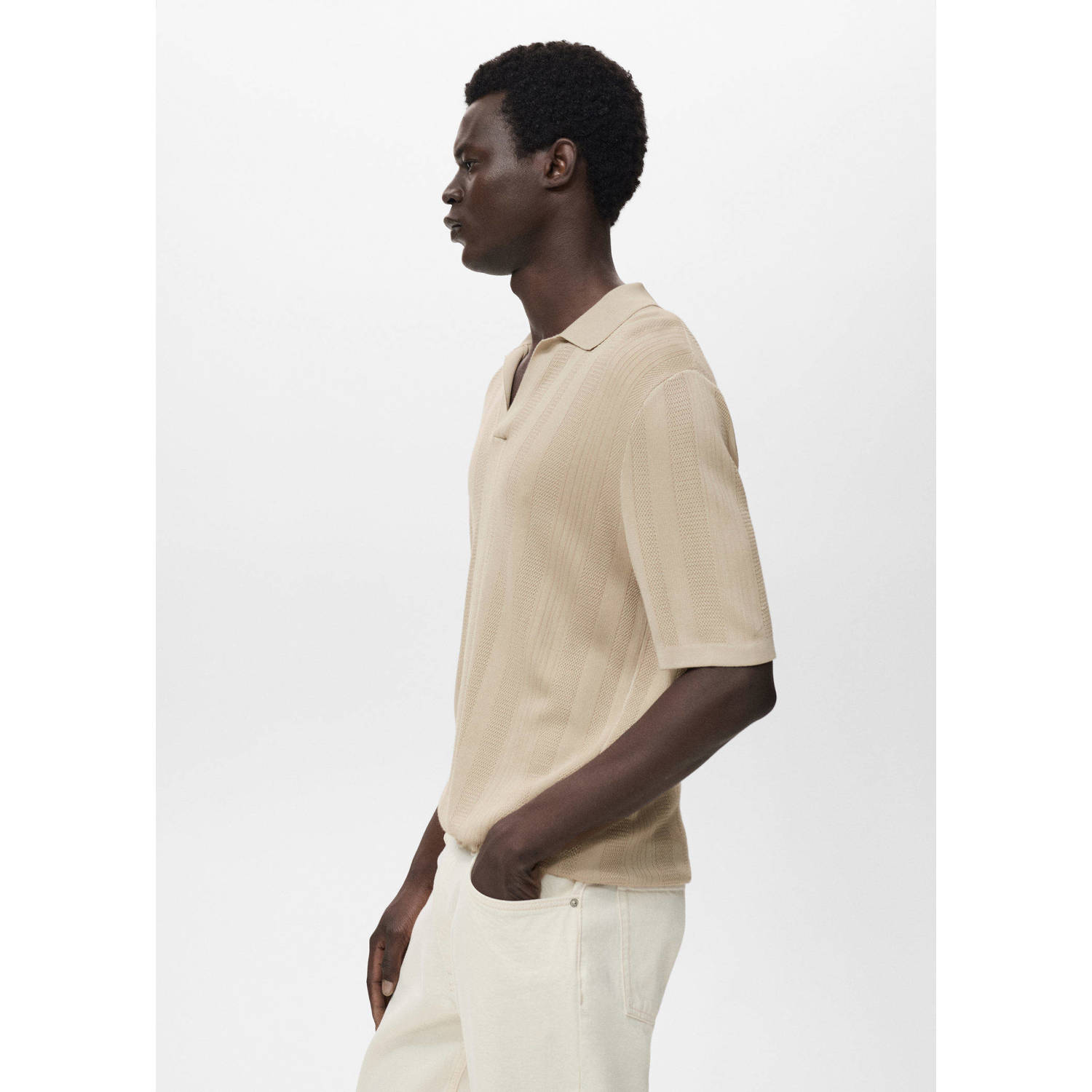 Mango Man regular polo met ingebreid patroon beige