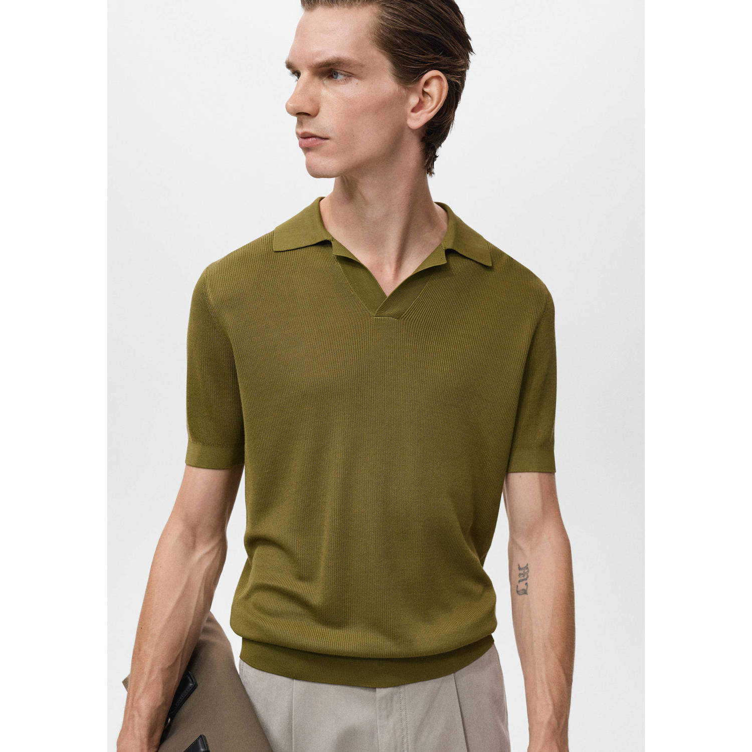Mango Man rechtvallend polo fijn gebreid groen