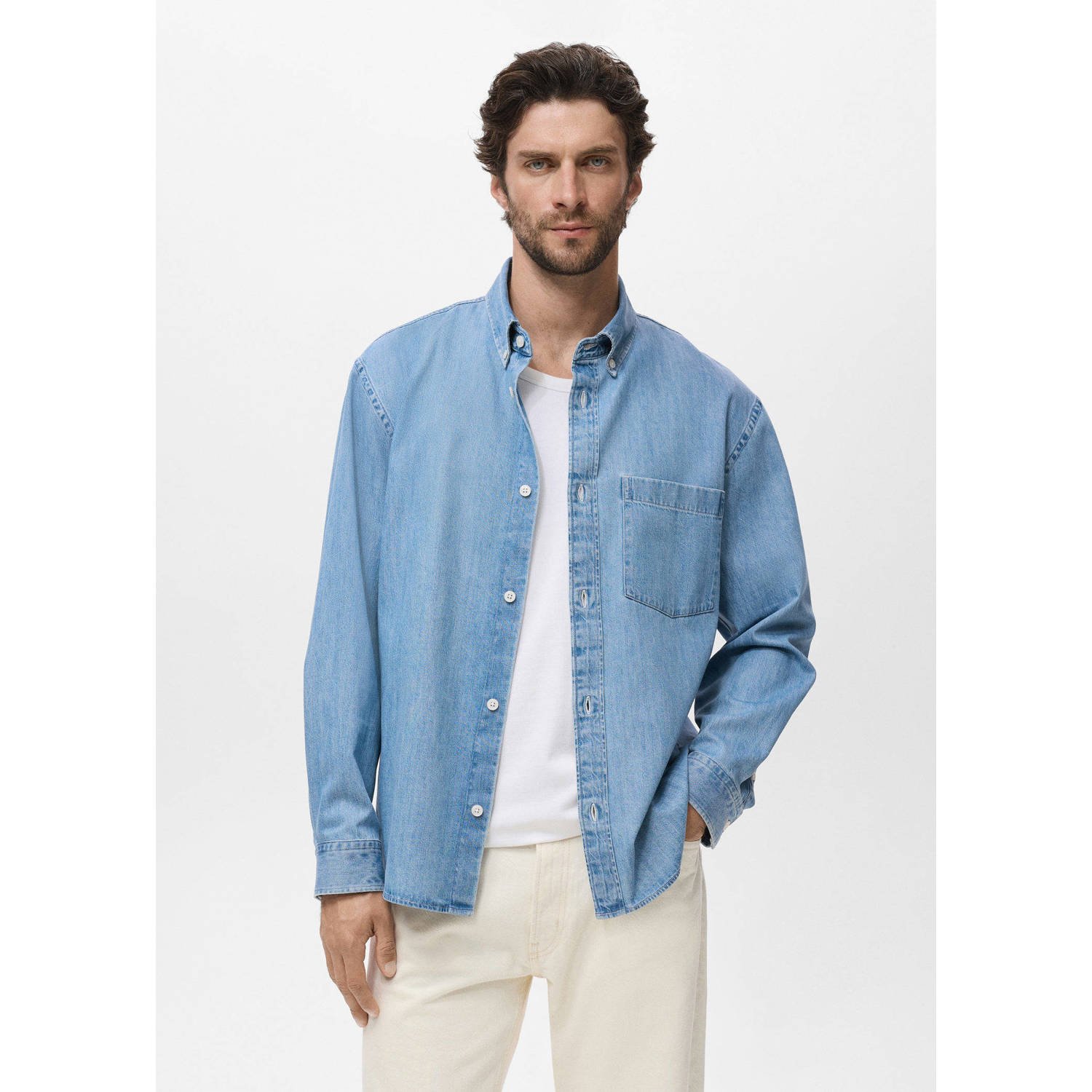 Mango Man denim casual overhemd lichtblauw