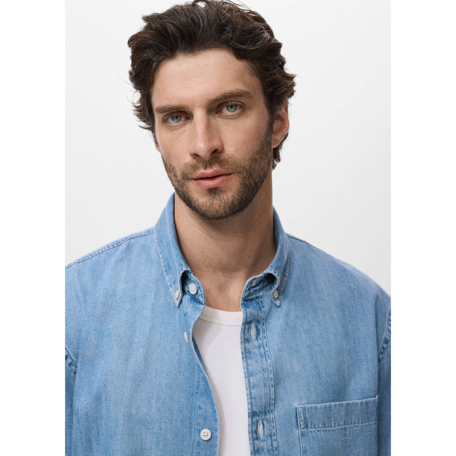 Mango Man denim casual overhemd lichtblauw