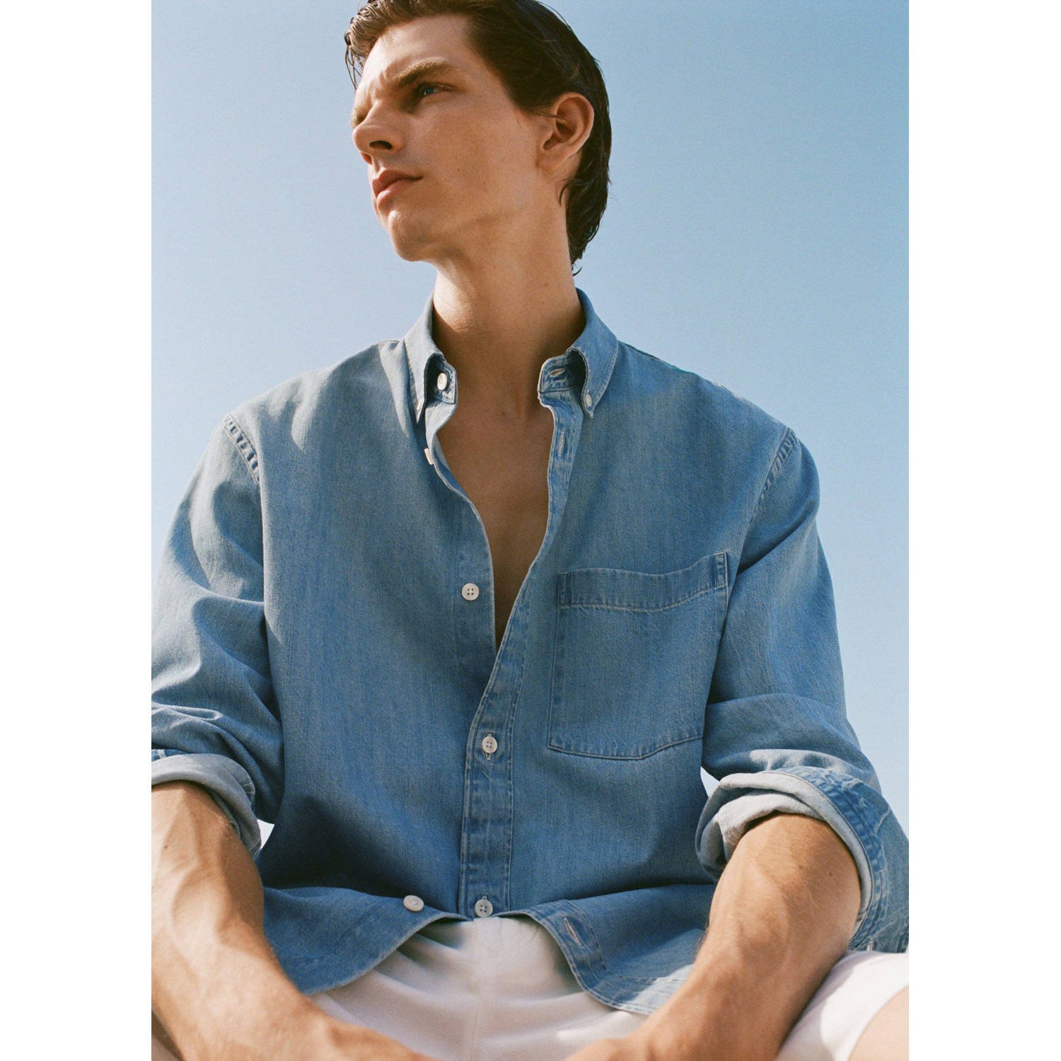 Mango Man denim casual overhemd lichtblauw