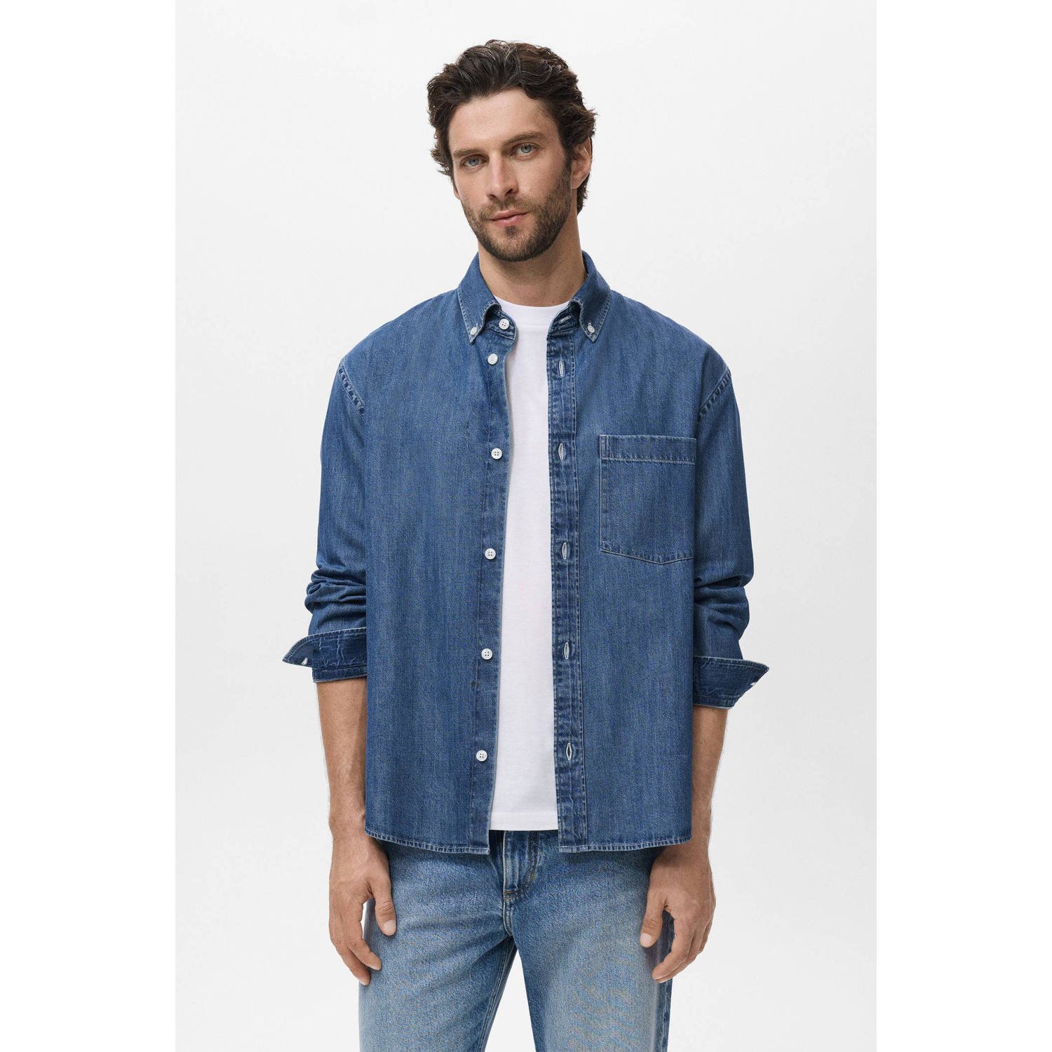 Mango Man denim casual overhemd donkerblauw