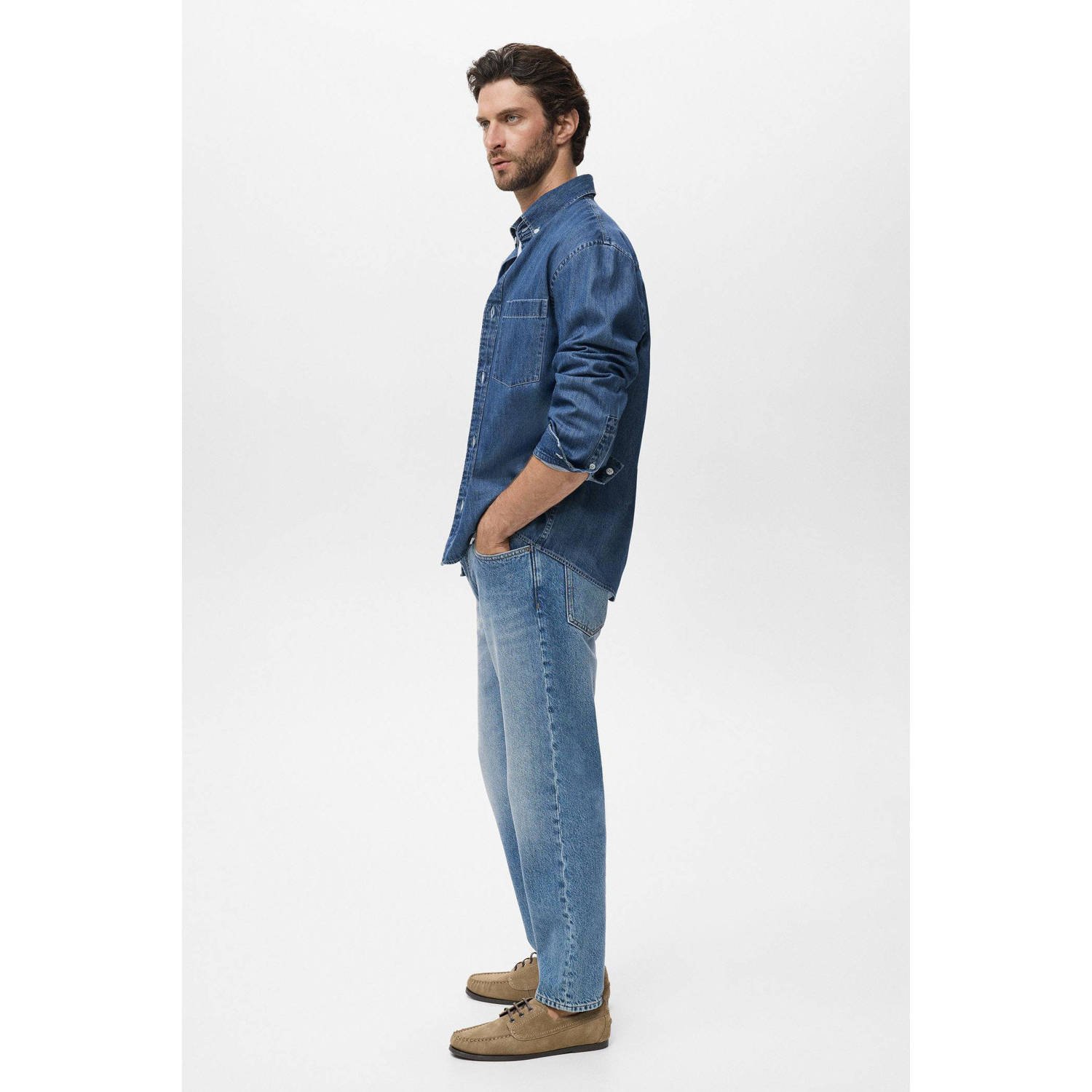 Mango Man denim casual overhemd donkerblauw