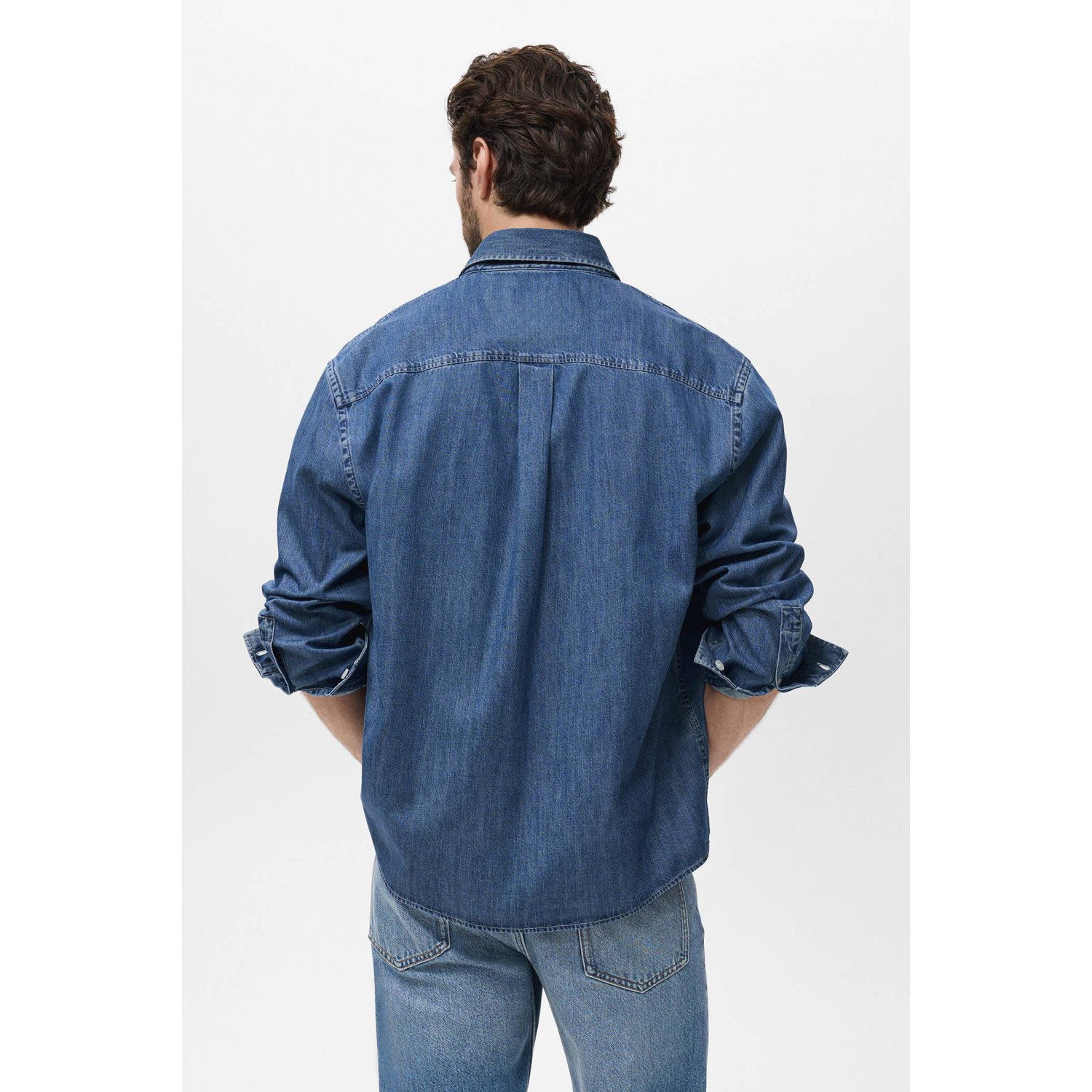 Mango Man denim casual overhemd donkerblauw