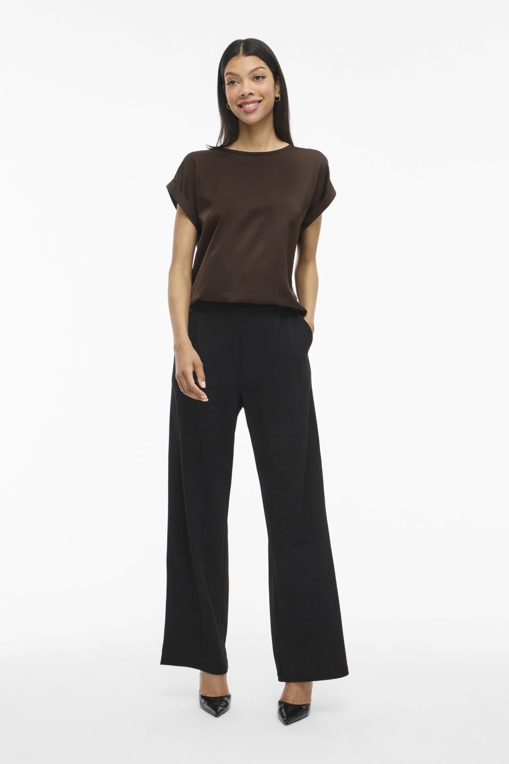 Donkerblauwe dames VILA satijnen blousetop van polyester met effen, korte mouwen, ronde hals en glimmend detail