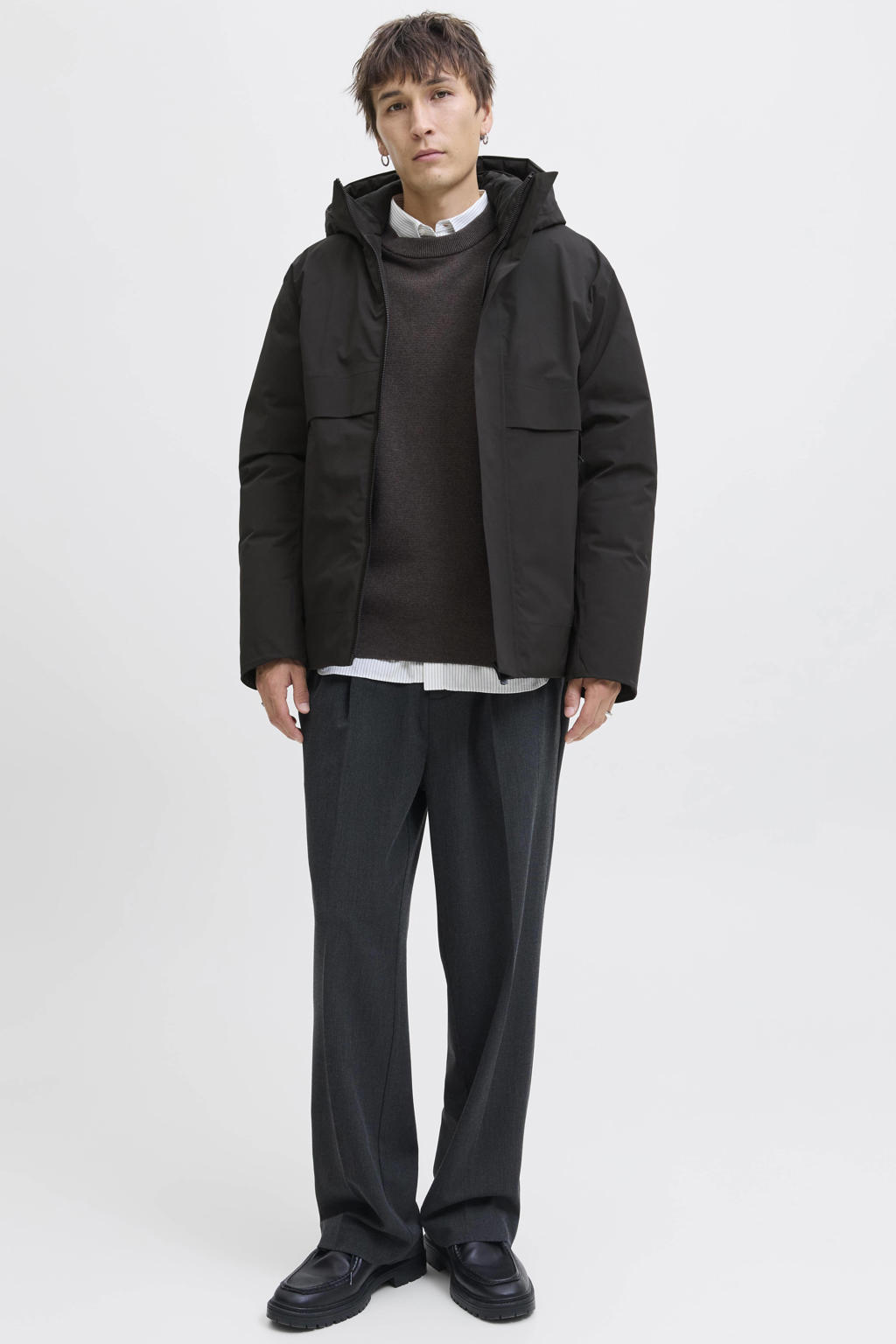 Zwarte heren JACK & JONES PREMIUM tussenjas van polyester met effen, lange mouwen, capuchon, rits met windvanger en gebreide details