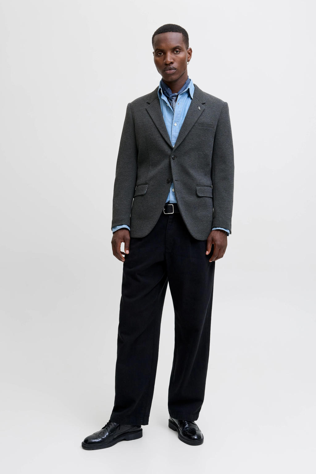 Grijze heren JACK & JONES PREMIUM colbert van polyester met melée print, reverskraag, knoopsluiting en textuur